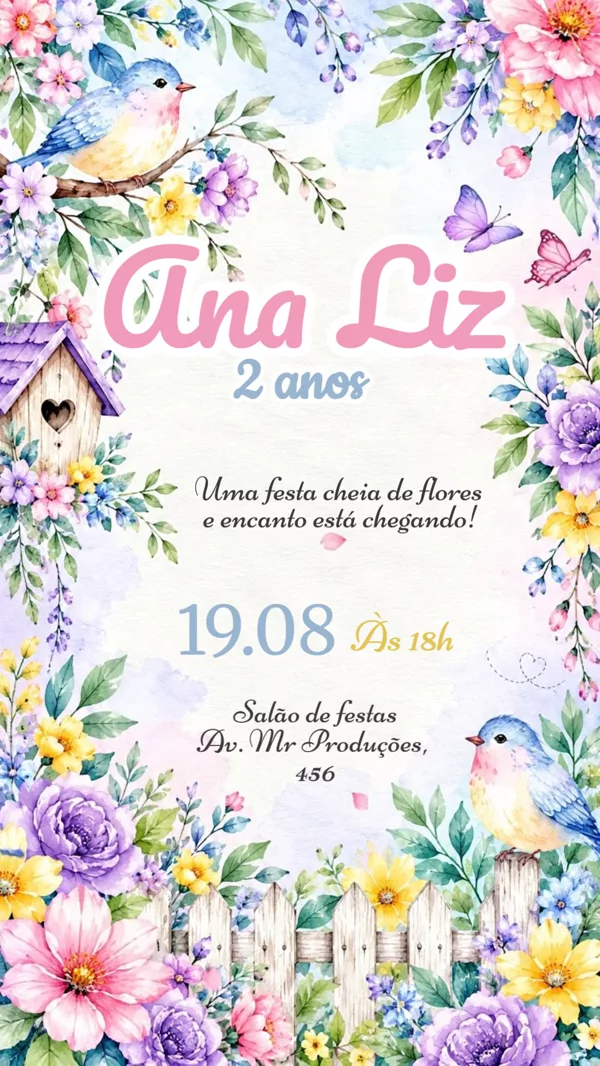 Convite Animado Aniversário Jardim Pássaros Para Editar Online