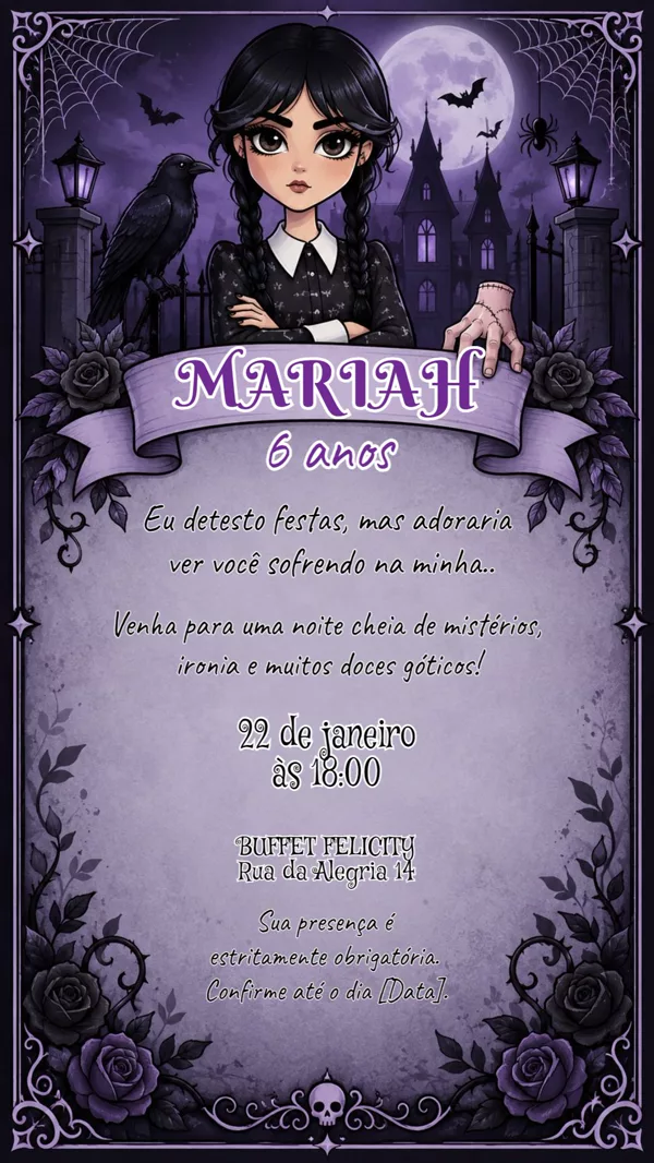 Convite Aniversário Wandinha Addams Gótico Para Editar Online