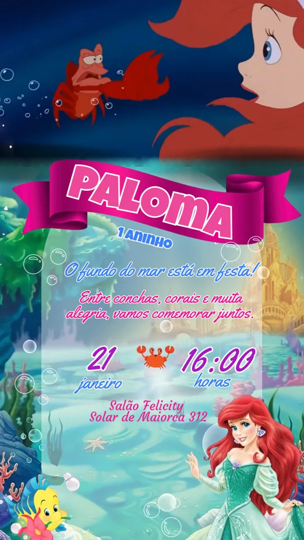 Convite Animado Aniversário Sereia Ariel Para Editar Online
