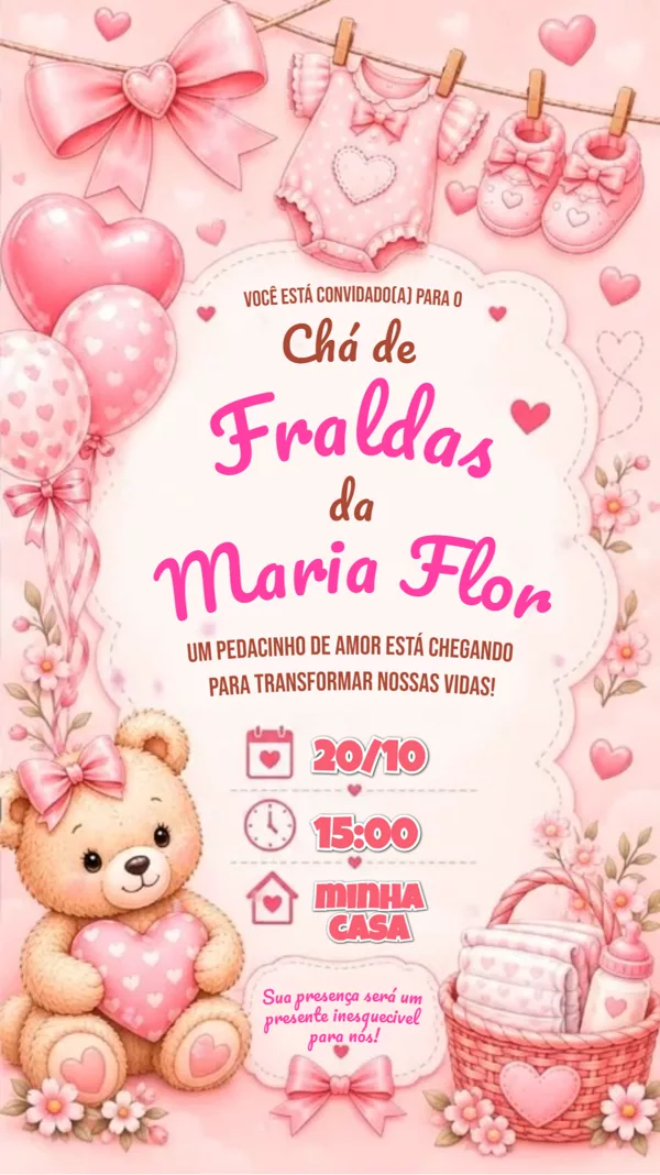 Convite Animado Chá de Fraldas Ursinho Rosa Para Editar Online