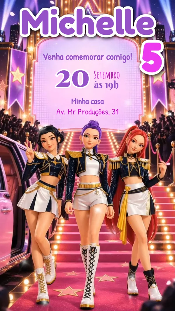 Convite Animado Aniversário K-Pop Menina Rosa Para Editar Online