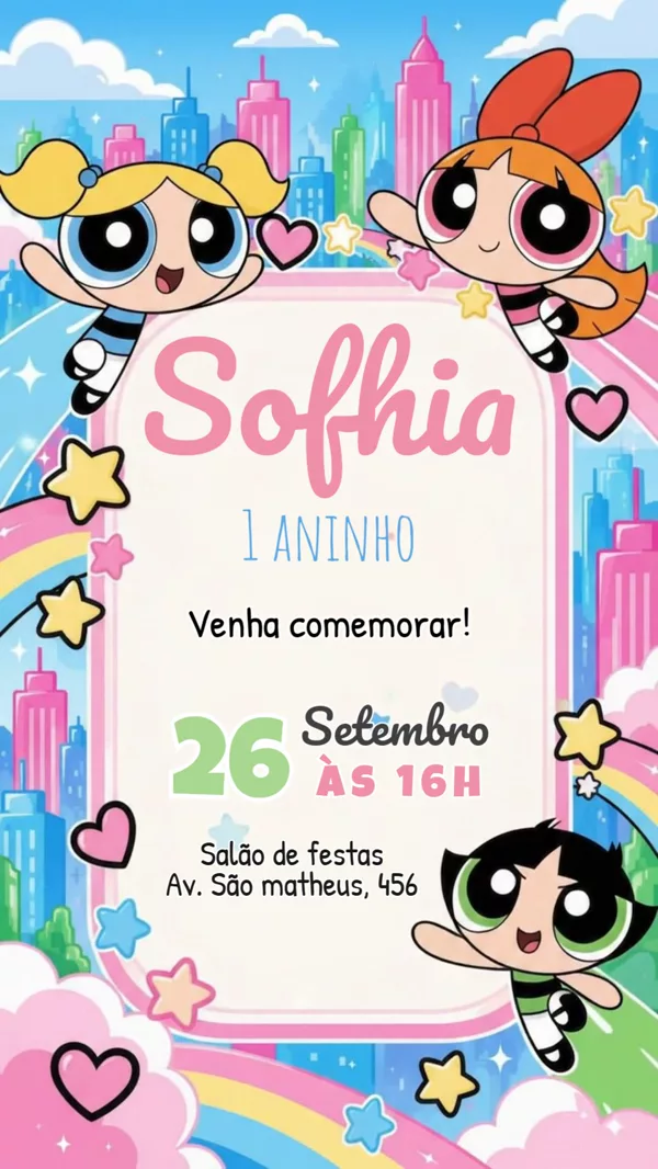 Convite Animado Aniversário Super Poderosas Para Editar Online