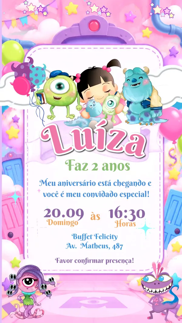Convite Animado Aniversário Monstros SA Rosa Para Editar Online