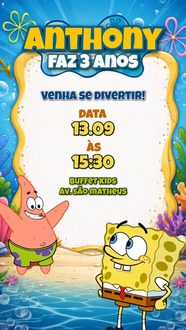 Convite Animado Aniversário Bob Esponja Fundo Mar Para Editar Online