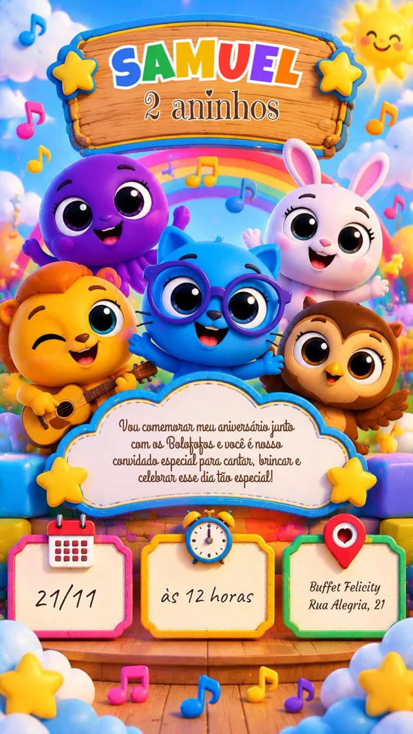 Convite Aniversário Bolofofos Arco-Íris Para Editar Online