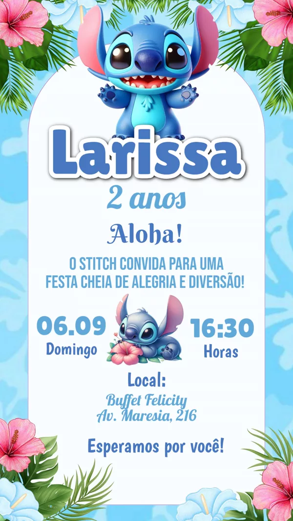 Convite Aniversário Stitch Tropical Flores Para Editar Online