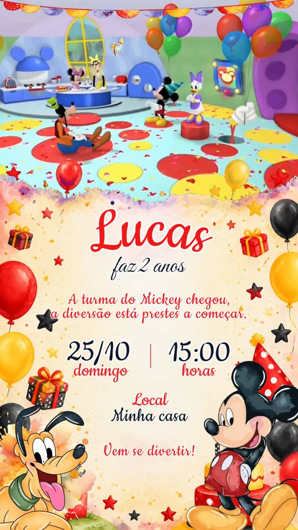 Convite Animado Aniversário Mickey Turma Festa Para Editar Online