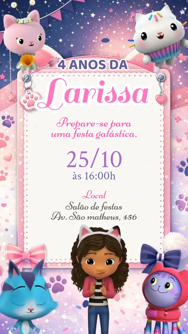Convite Animado Aniversário Gabby Casa Mágica Rosa Para Editar Online