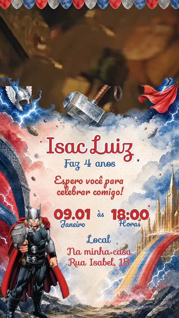 Convite Animado Aniversário Thor Martelo Mjolnir Para Editar Online