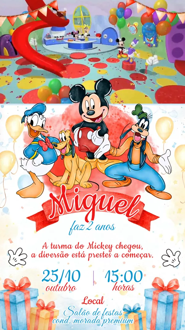Convite Animado Aniversário Mickey Mouse Amigos Para Editar Online