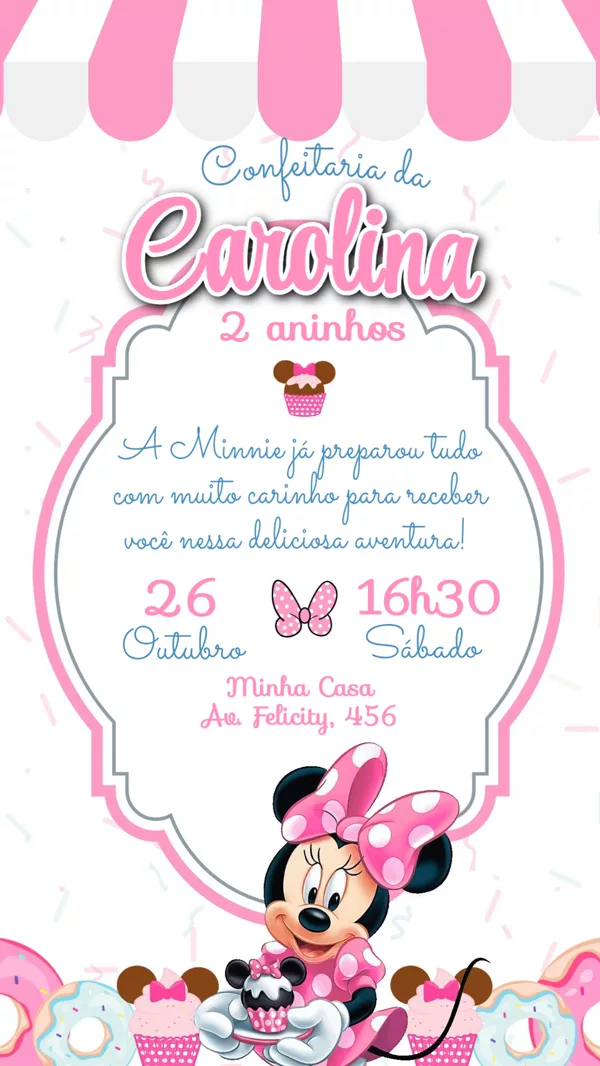 Convite Animado Aniversário Minnie Para Editar Online