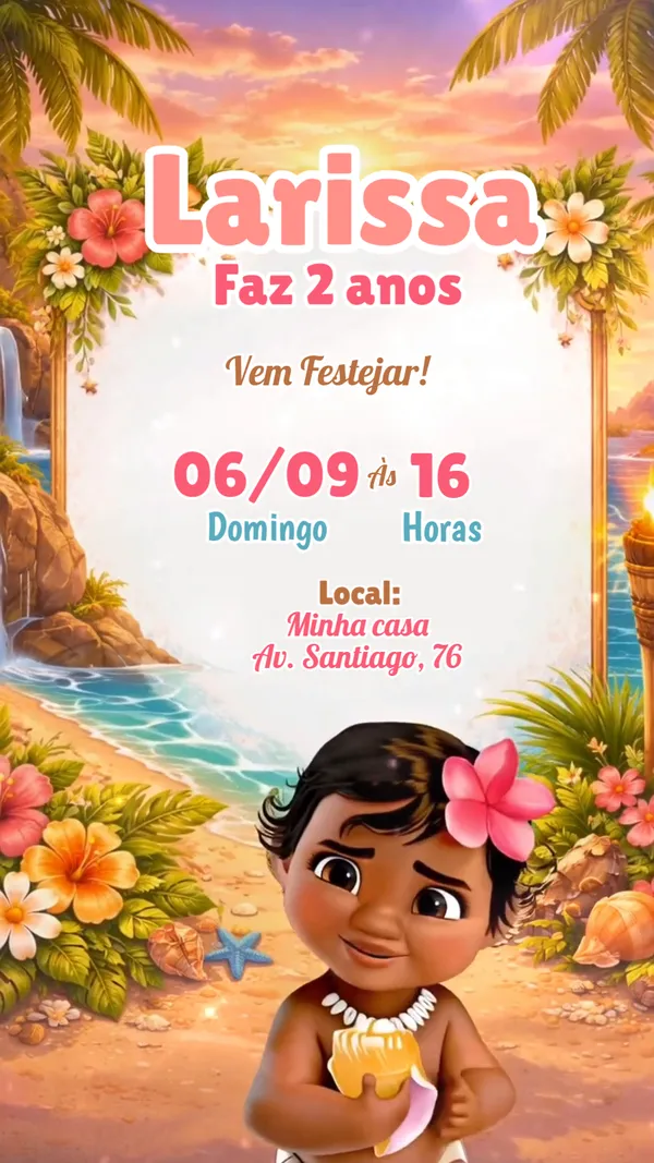 Convite Animado Aniversário Moana Para Editar Online