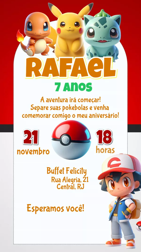 Convite Aniversário Pokémon Pokebola Para Editar Online