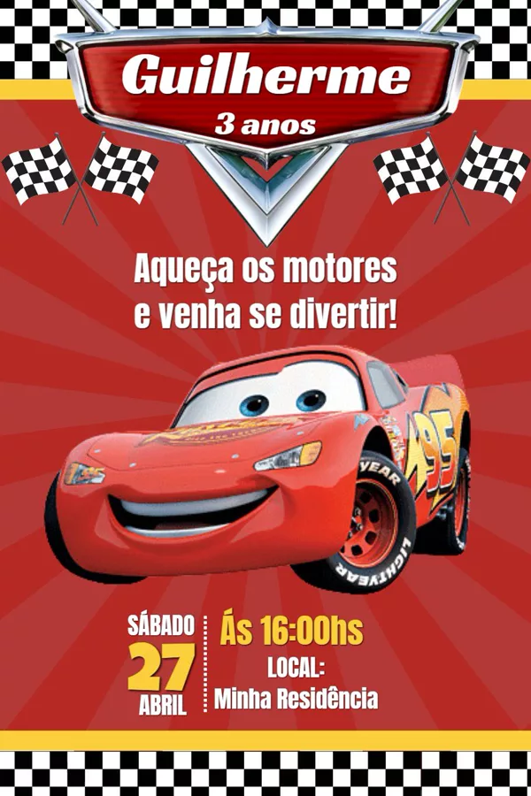 Convite Aniversário Carros Relâmpago McQueen Para Editar Online