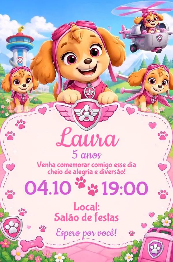 Convite Animado Aniversário Skye Patrulha Rosa Para Editar Online