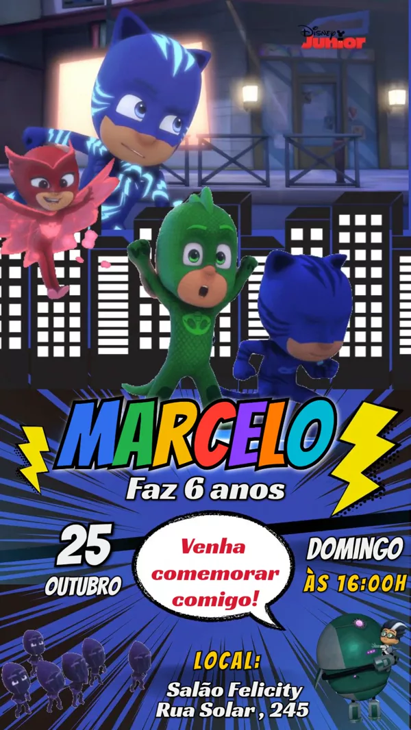 Convite Animado Aniversário PJ Masks Para Editar Online