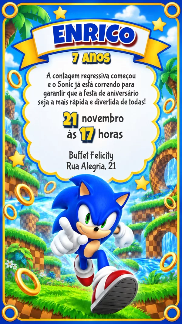 Convite Aniversário Sonic the Hedgehog Para Editar Online