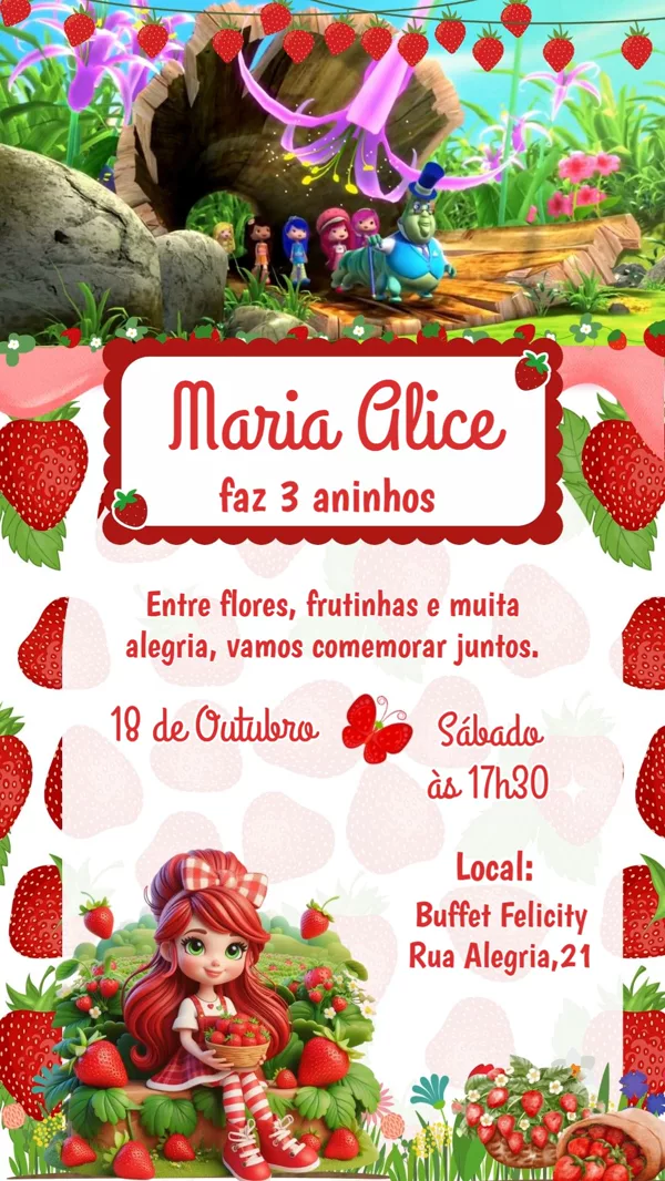 Convite Animado Aniversário Moranguinho Para Editar Online