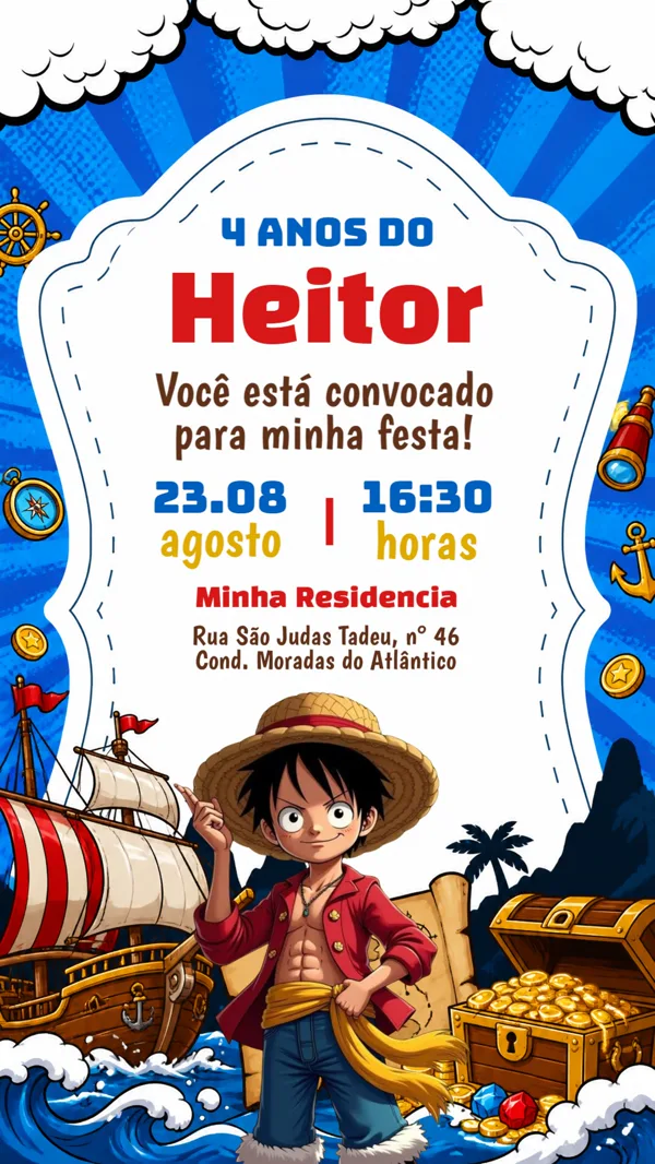 Convite Aniversário One Piece Luffy Azul Para Editar Online