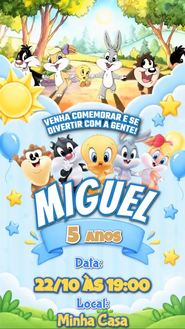Convite Animado Aniversário Baby Looney Floresta Para Editar Online