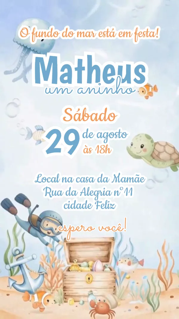 Convite Animado Aniversário Fundo do Mar Aquarela Para Editar Online