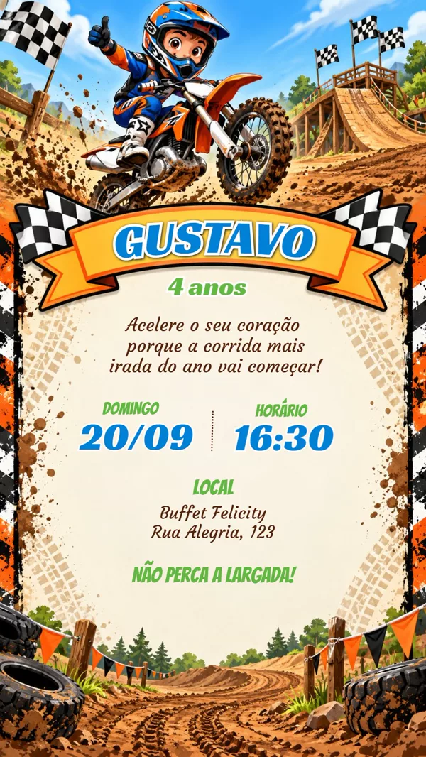 Convite Aniversário Motocross Trilha Laranja Para Editar Online