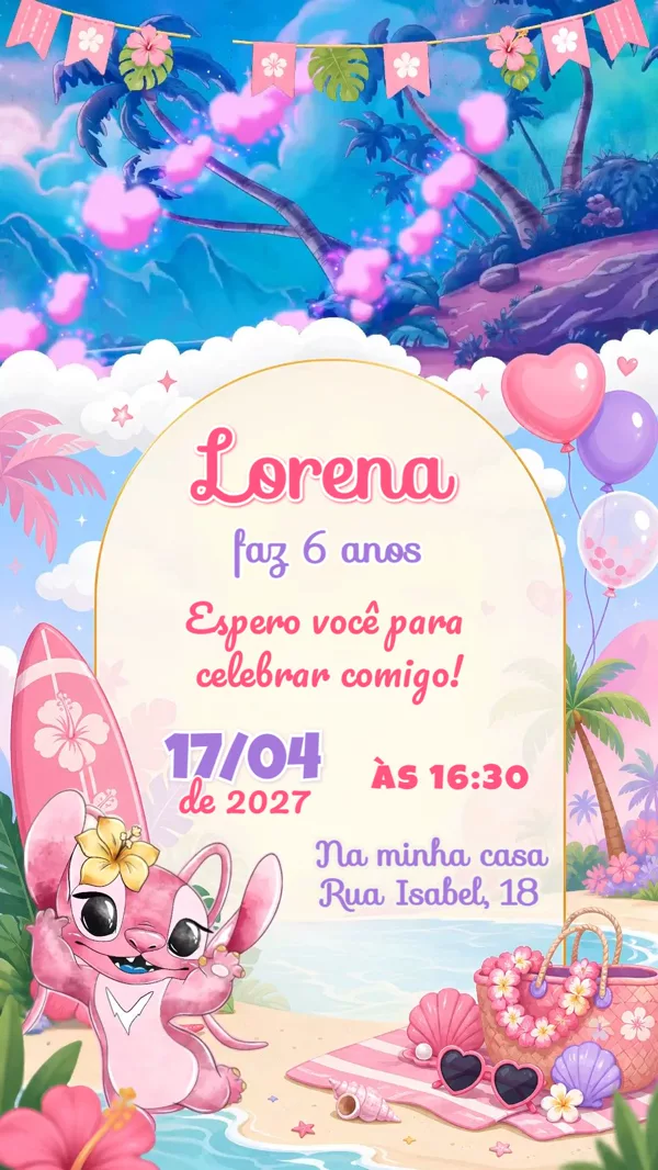 Convite Animado Aniversário Angel Stitch Rosa Para Editar Online