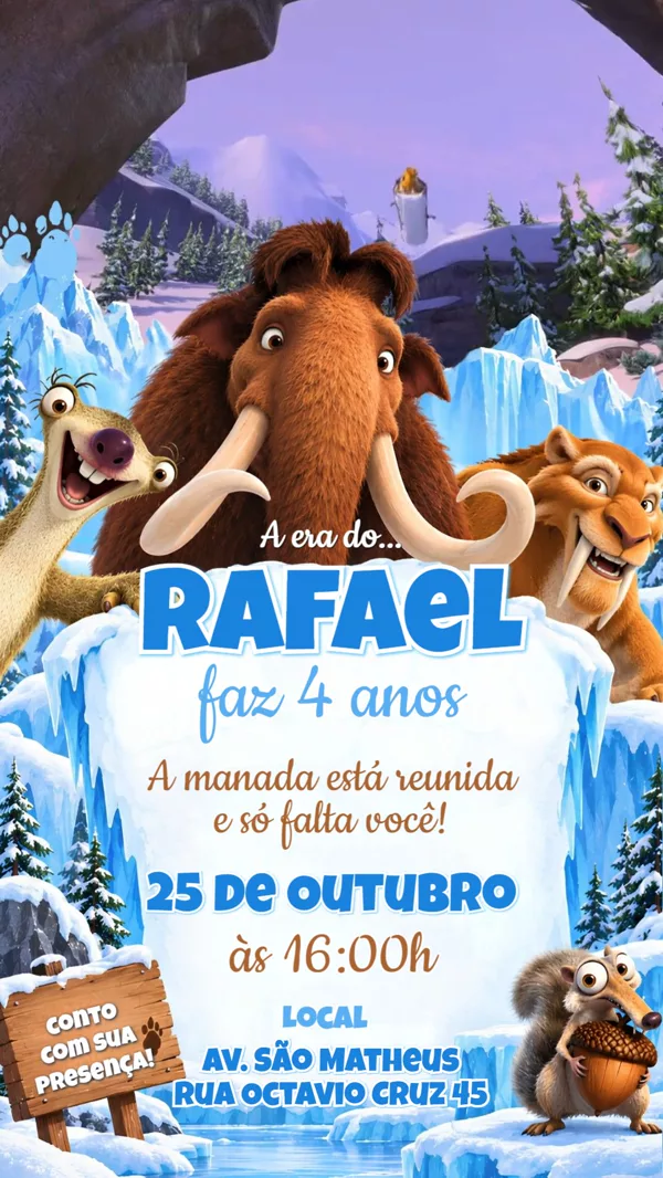 Convite Animado Aniversário A Era do Gelo Para Editar Online