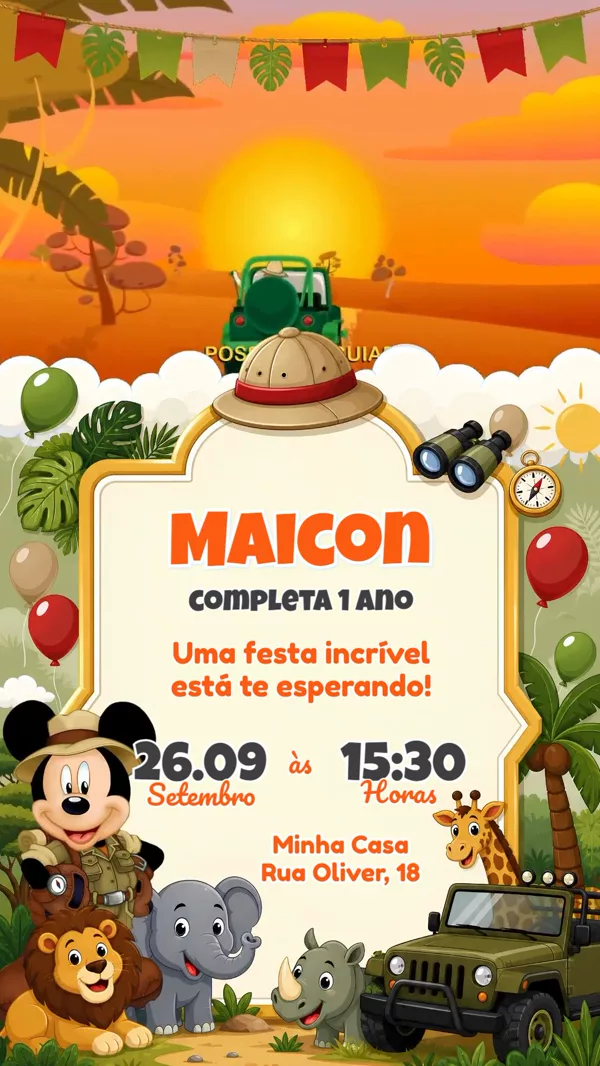 Convite Animado Aniversário Safari Mickey Para Editar Online
