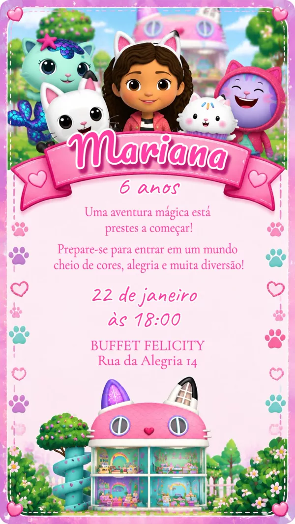 Convite Aniversário Gabby Casa Mágica Gatos Para Editar Online