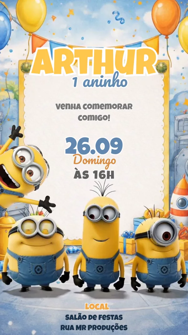 Convite Animado Aniversário Minions Foguete Para Editar Online