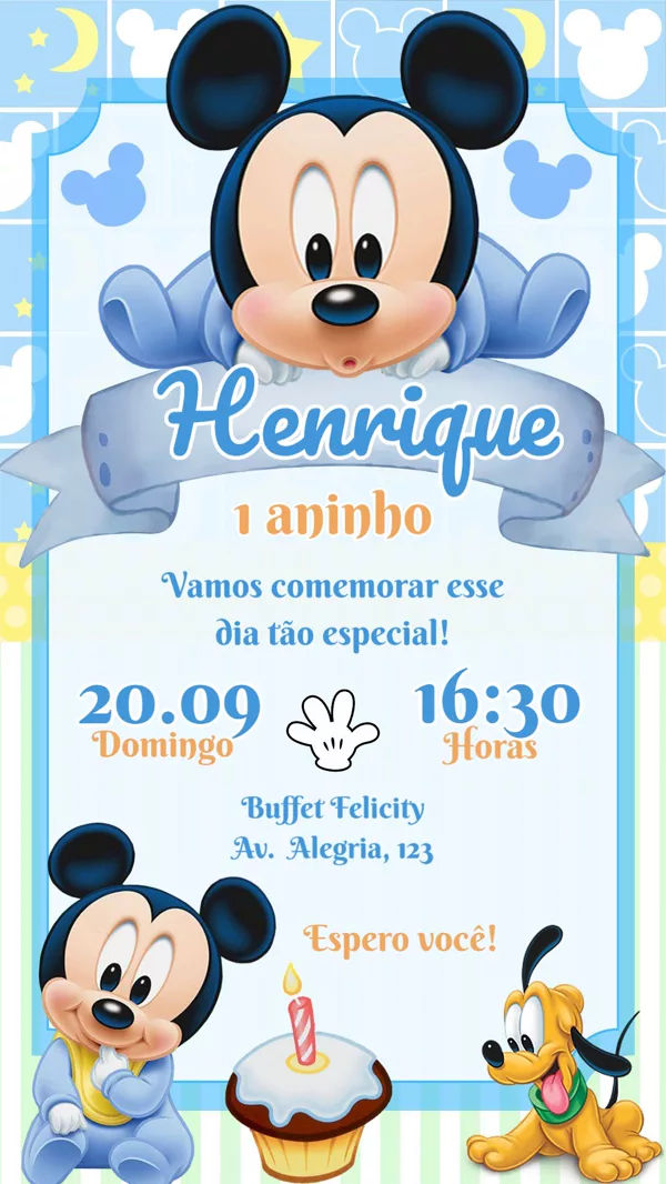 Convite Aniversário Mickey Baby Azul Para Editar Online