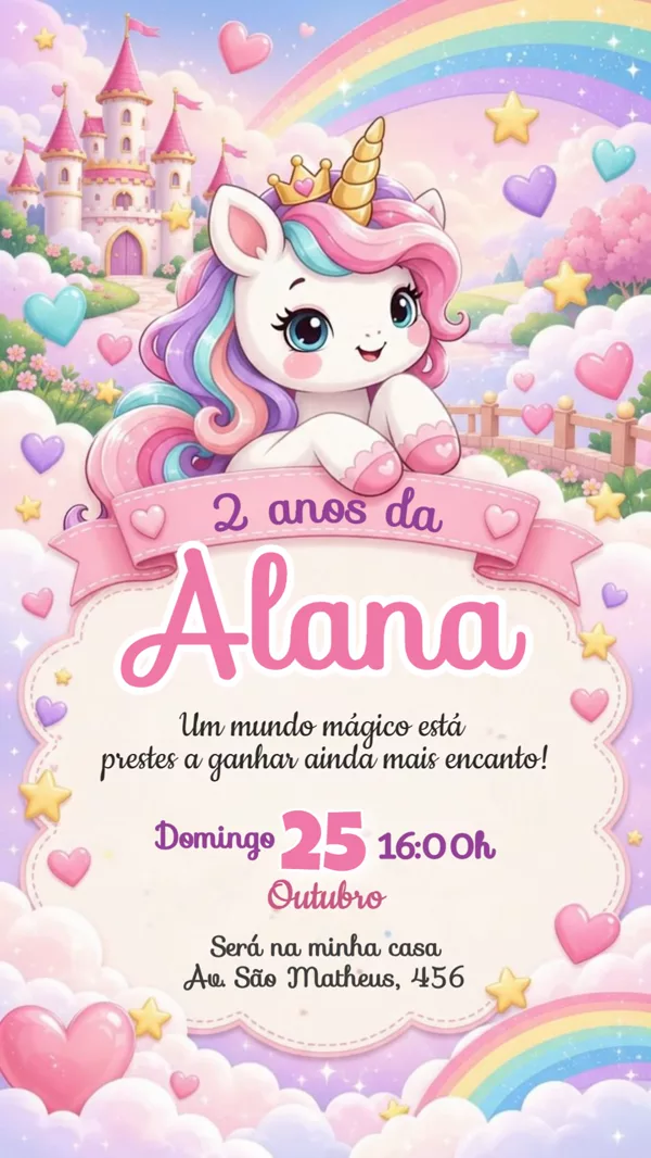 Convite Animado Aniversário Unicórnio Castelo Para Editar Online