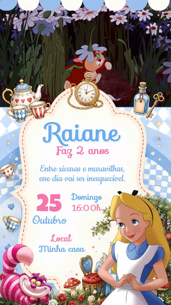 Convite Animado Aniversário Alice Chá de Jardim Para Editar Online
