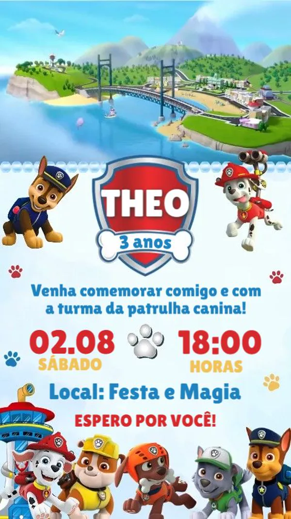 Convite Animado Aniversário Patrulha Canina Para Editar Online