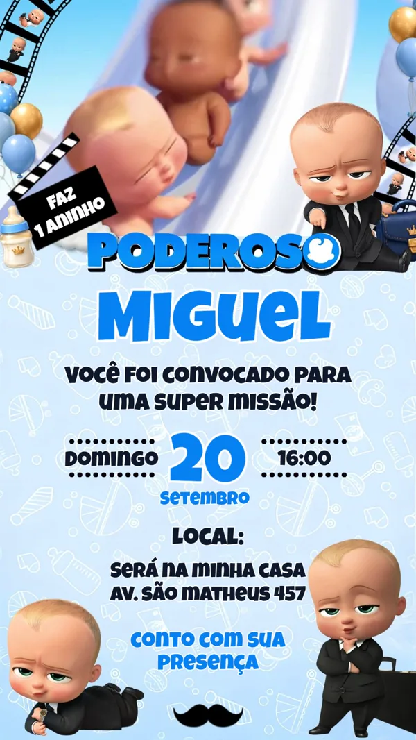 Convite Animado Aniversário Poderoso Chefinho Menino Para Editar Online