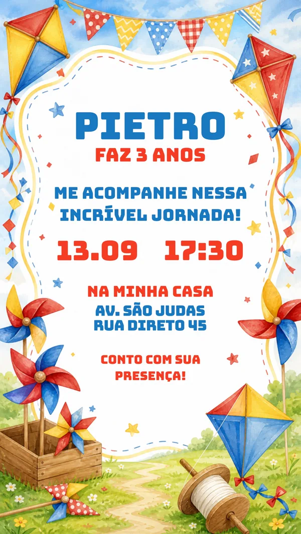 Convite Aniversário Pipa Colorida Piquenique Para Editar Online