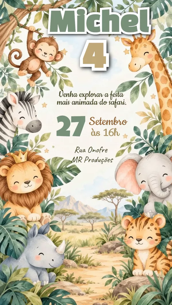 Convite Animado Aniversário Safari Fofo Para Editar Online