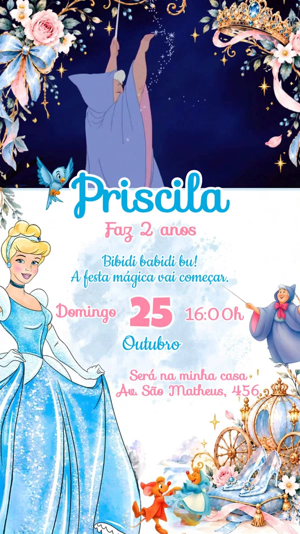 Convite Animado Aniversário Cinderela Princesa Para Editar Online