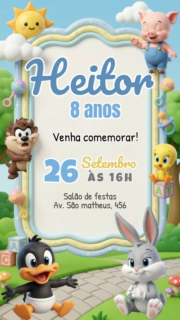 Convite Animado Aniversário Baby Looney Tunes Bebê Para Editar Online