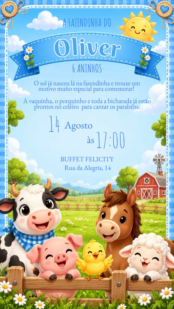 Convite Aniversário Fazendinha Azul Para Editar Online