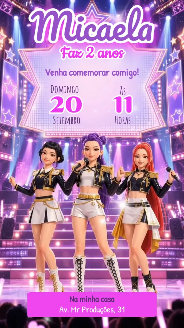 Convite Animado Aniversário Huntrix K-Pop Para Editar Online