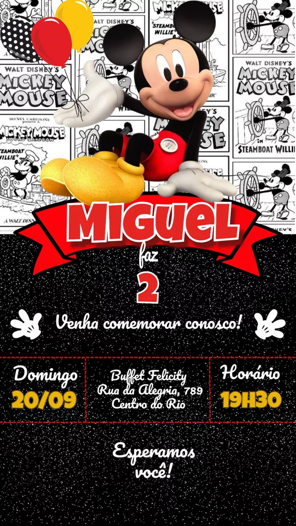 Convite Aniversário Mickey Mouse Clássico Para Editar Online