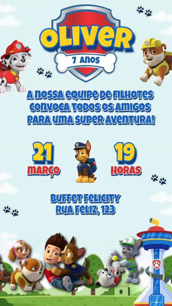 Convite Aniversário Patrulha Chase Para Editar Online