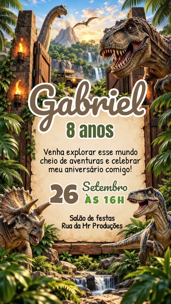 Convite Animado Aniversário Dinossauros Jurassic Para Editar Online