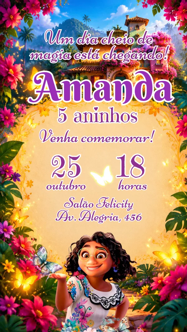 Convite Aniversário Encanto Flores Mágicas Para Editar Online