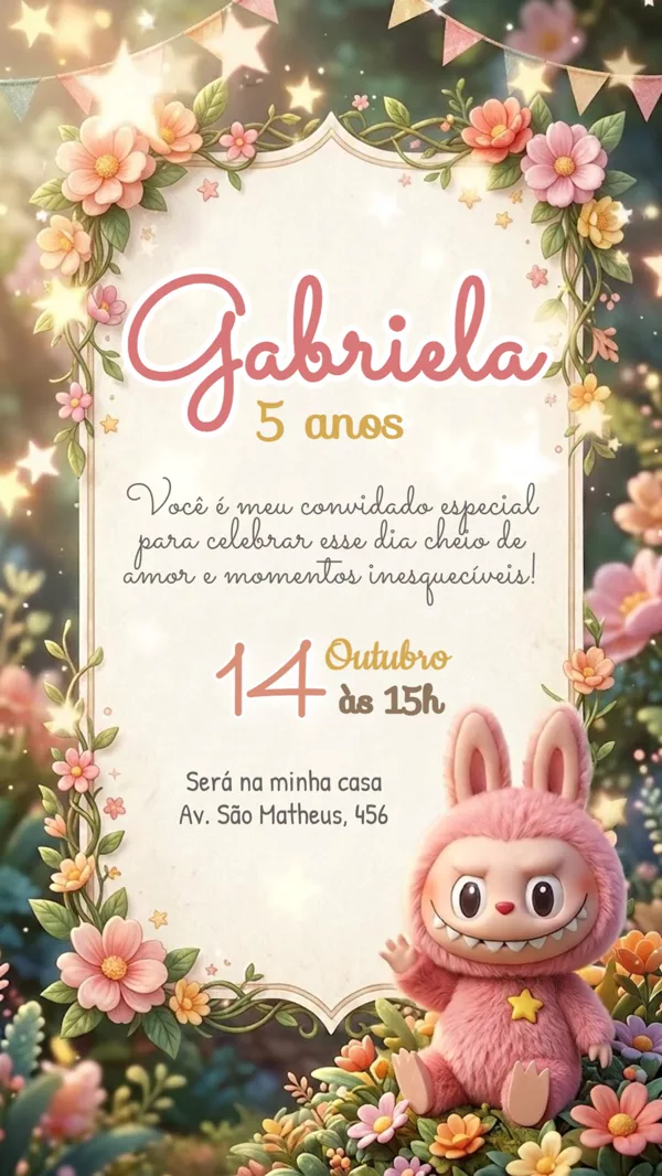 Convite Animado Aniversário Labubu Jardim Rosa Para Editar Online