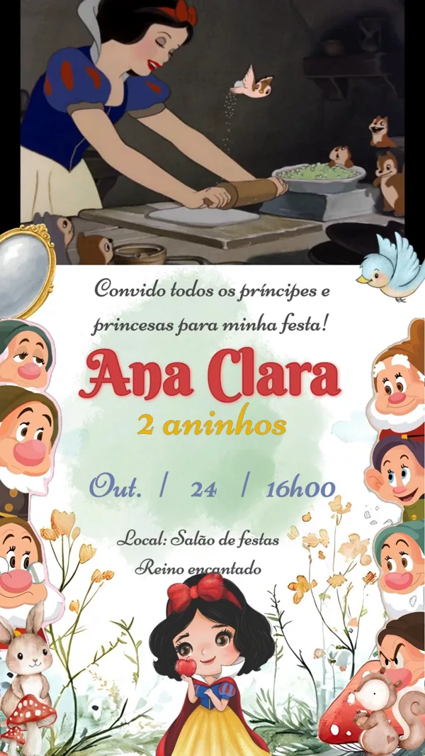 Convite Animado Aniversário Branca de Neve Menina Para Editar Online
