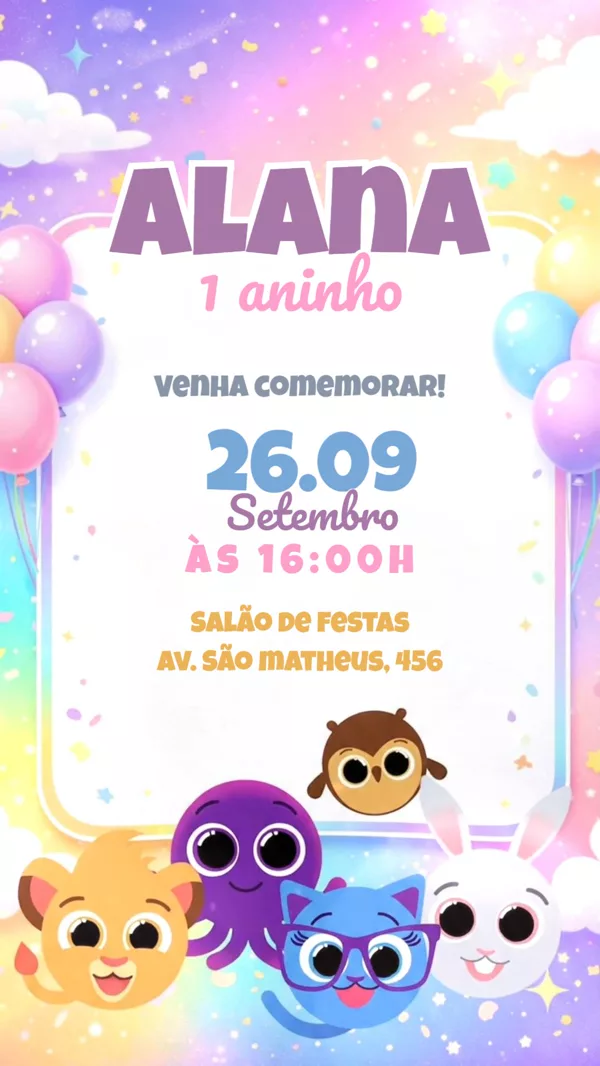 Convite Animado Aniversário Bolofofos Pastel Para Editar Online