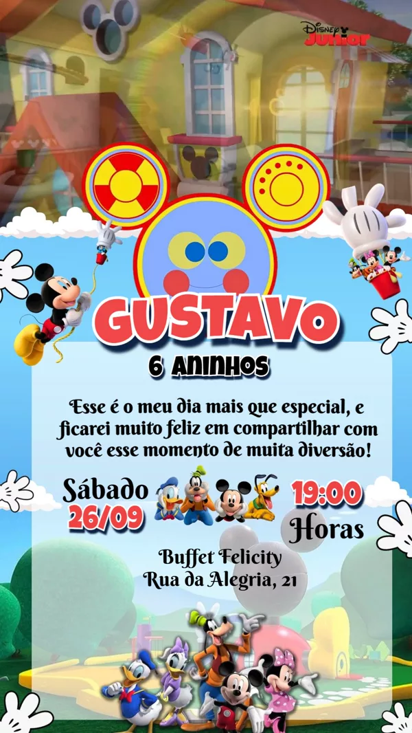 Convite Animado Aniversário Mickey e Turma Para Editar Online